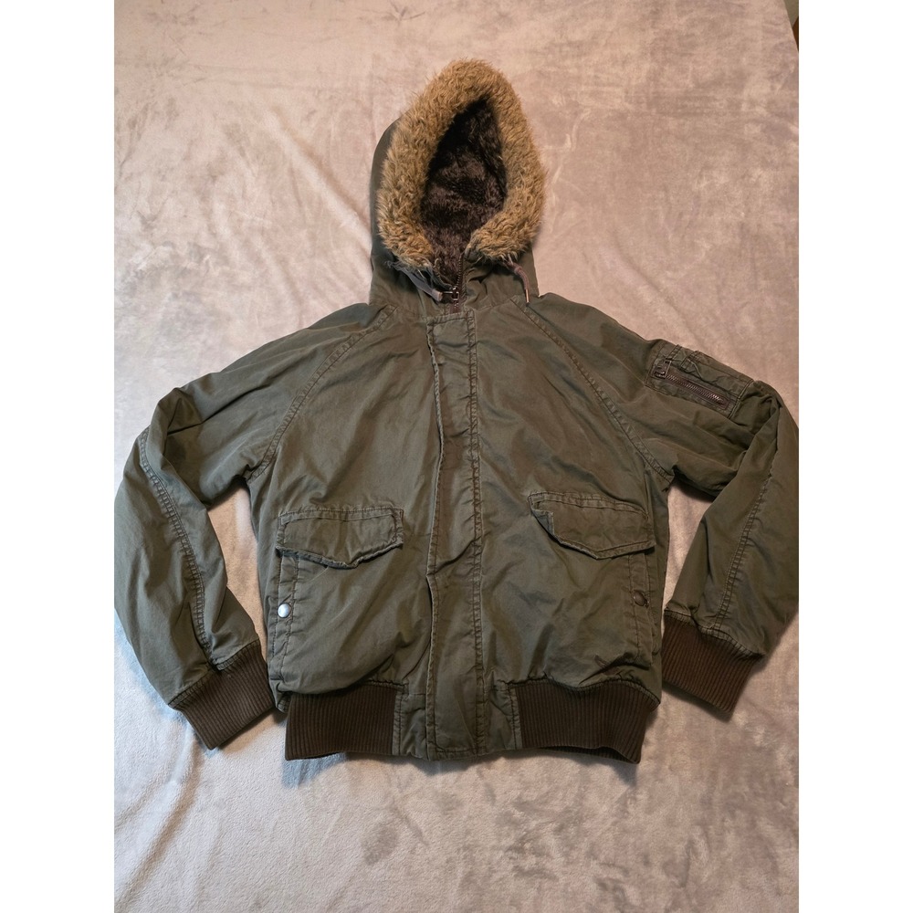American Eagle Bomber Jacket Mens Large Green Faux Fur Hood Utility Military